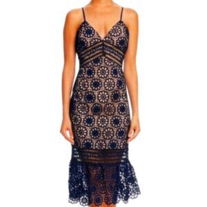 Bloomingdales Aqua Navy Lace Midi Dress (Small)